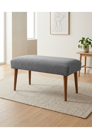 Gri Keten Kumaş Bench Puf 90x45x46 Cm Ahşap Ceviz Ayaklı Demonte Modern Yatak Ucu Bench Oturma Bankı Antre Koridor Pufu
