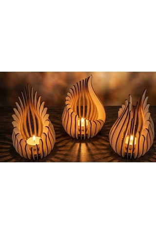 Ateş 3'lü Tealight Mumluk Ahşap Mumluk + Led Pilli Mum Ham Mdf