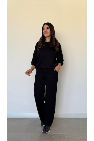 Emh Store Kadın Uzun Kollu Bisiklet Yaka Viskon Iki Iplik Bluz Ve Pantolon Ikili Takım Siyah