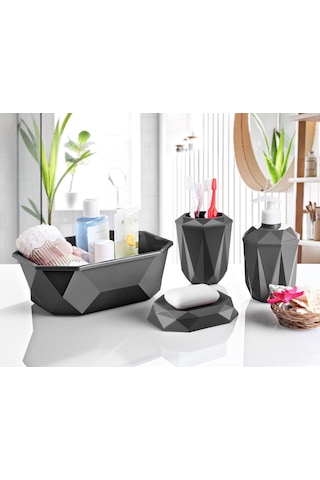 Geometrik Tasarımlı 4 Lü Banyo Seti Sabunluk Diş Fırçalık, Sıvı Sabunluk Sepet Koyu Gri