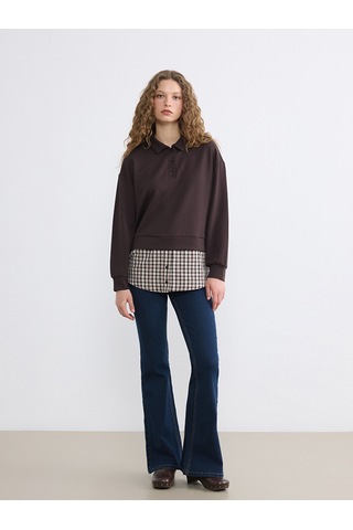 Lcw Modest Kahverengi Gömlek Yaka Ekoseli Kadın Sweatshirt Tunik
