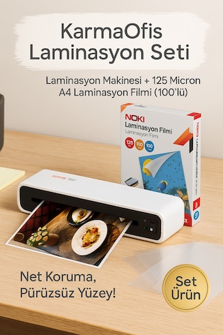 Laminasyon Seti Laminasyon Makinesi + 125 Micron A4 Laminasyon Filmi 100 Lü