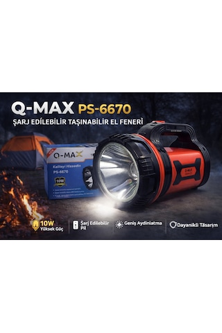 Q-max Ps-6670 Şarj Edilebilir El Feneri 10w Güçlü Led Taşınabilir Uzun Ömürlü Projektör Fener Diğer