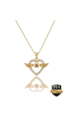 Love Yıldız - 925 Ayar Gümüş Altın Kaplama Tektaş Zirkon Kolye - Ahşap Kutulu