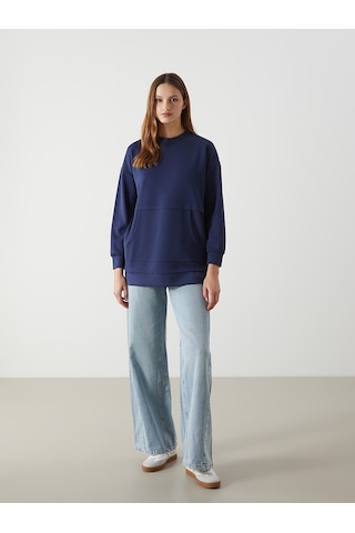 Lcw Modest Lacivert Bisiklet Yaka Oversize Kadın Sweatshirt Tunik