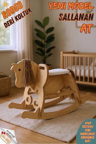 Ahşap Sallanan At-deri Koltuklu-ayak Destekli- Yeni Model -beyaz