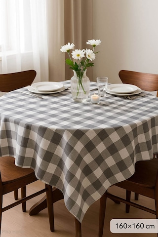Mira Home Kareli Masa Örtüsü Sofra Bezi 160x160 Cm Happytime Gri