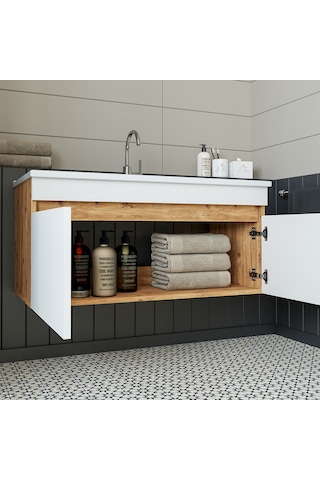 Roomart '' Lavabolu '' Atlantik-beyaz Mdf 100 Cm Banyo Alt Dolabı Atlantik Çam - Beyaz