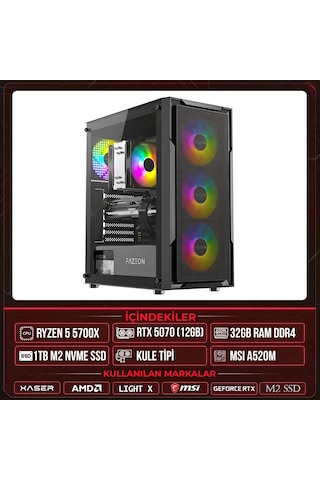 Xaser LIGHT X50 R7-5700X 32 GB 1 TB M.2 NVMe SSD 12 GB RTX5070 Free Dos Masaüstü Oyuncu Bilgisayarı