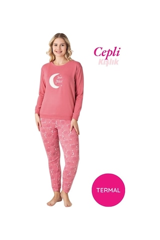 Kadın Bisiklet Yaka Düğmesiz Kışlık Termal Bilek Manşetli Jogger Uzun Kol Cepli Pijama Takımı GÜL KURUSU