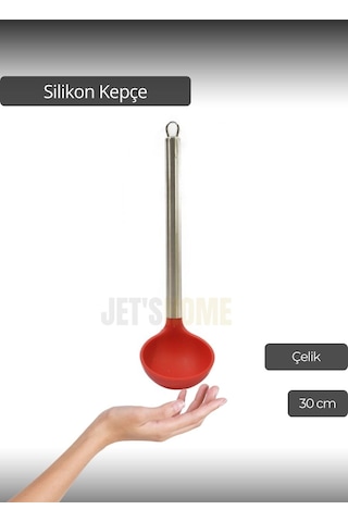 Silikon Kepçe Paslanmaz Saplı Servis Kepçesi Kırmızı 30 Cm