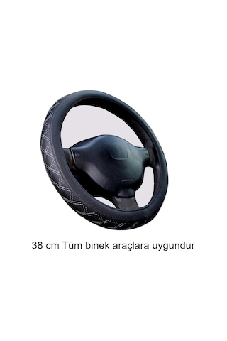 Direksiyon Kılıfı 38 Cm Geçmeli Siyah Binek Araçlara Gri Nakışlı