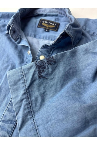 Saf Pamuk Kısa Kol Kot Gömlek Mavi