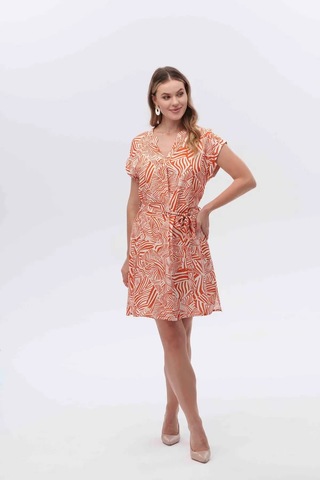 Canel Kısa Kol V Yaka Midi Elbise - Minimalist Desen - Günlük Kullanım Zebra