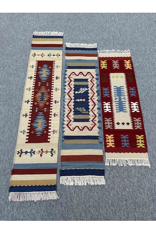 El Dokuma Dekoratif Kilim Seti 3 Adet Renkli %100 Yün Kilim