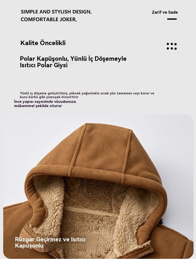 Erkek Polar Ceket Kapüşonlu Hırka Ceket Kalın Kadife 400g Sıcak Ceket Siyah