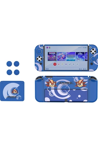 Switch Oled 3in1 Standlı Rnkli Kılıf Analog Yükseltici Ve Koruyucu Kart Kutusu Mavi