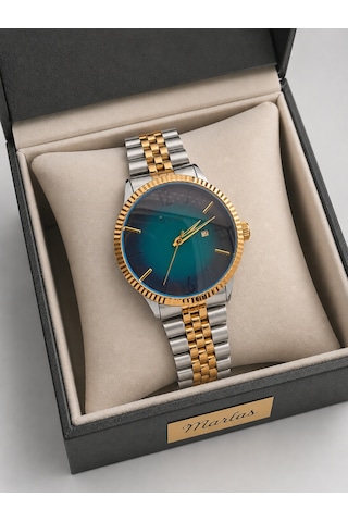 Marlas Premium Erkek Kol Saati Gold Silver Çelik Kordon, Turkuaz Geçişli Luxury Kadran & Takvim Detaylı Şık Tasarım Altın