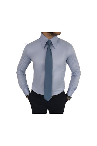 Italyan Stil Slim Fit Sivri Yaka Saten Erkek Gömlek Mavi T7215