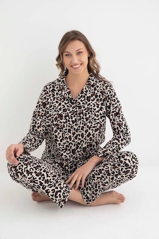 Senfoni Kadın Gömlek Yaka Uzun Kol Leopar Desenli Pamuklu Pijama Takımı 6007 -1 Adet 001