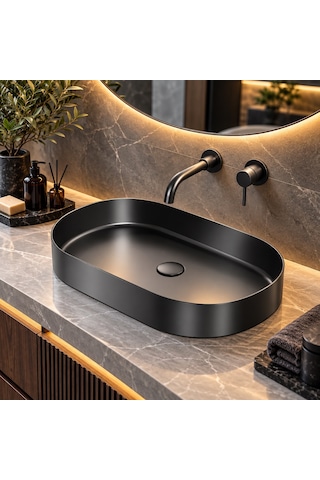 Alfas Aura Oval 60 Cm Pvd Antrasit Tezgah Üstü Çanak Lavabo 304 Paslanmaz Çelik Gun Black 2.0mm