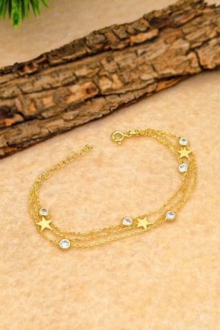 Silvera Telkari Yıldız Gümüş Bileklik Altın Rengi Taşlı Üç Zincirli Kadın Gümüş Bileklik 925 Ayar St374 Altın Kaplama