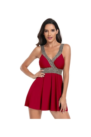 Büyük Beden Muhafazakar Etek Ayrık Kurdela Plaj Elbisesi Kırmızı