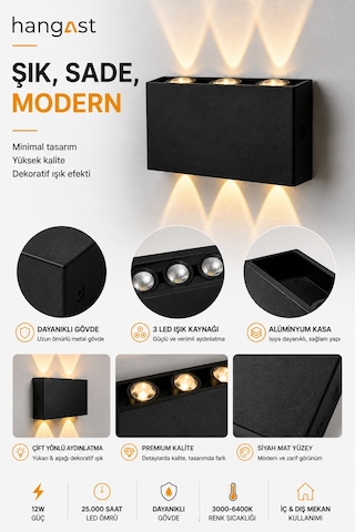 Pilli Gün Işığı 12w 3 Led Çift Yönlü Siyah Duvar Aplik Dekoratif Led Aydınlatma İç Dış Mekan Siyah