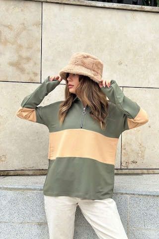 Kadın Haki Uzun Kol, Dik Yaka, Fermuarlı, Double Color Block Basic Sweatshirt Bluz Haki
