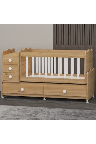 Garaj Home Melina 5 Çekmeceli Büyüyen Mdf Çıtalı Beşik - Meşe Beyaz