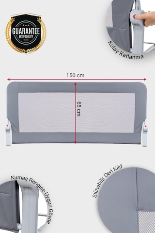 Premium 150x65 Cm Deri Kılıflı Yatak Bariyeri, Katlanır Yatak Korkuluğu, Gri