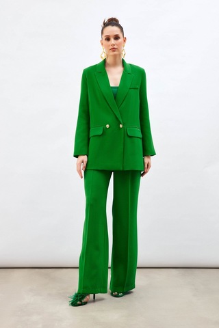 Sateen Pile Detaylı Salaş Pantolon - Yeşil