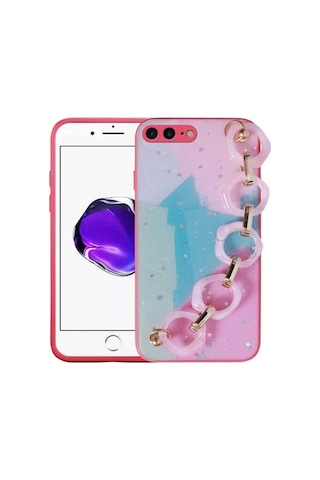 Apple Uyumlu iPhone 8 Plus Kılıf Simli Desenli El Askılı Tutacaklı Zore Elsa Silikon Kapak Pembe Koyu