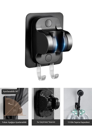 Maxima 5F Duş Başlığı + Yapışkanlı Mafsal + Hortum Seti Siyah