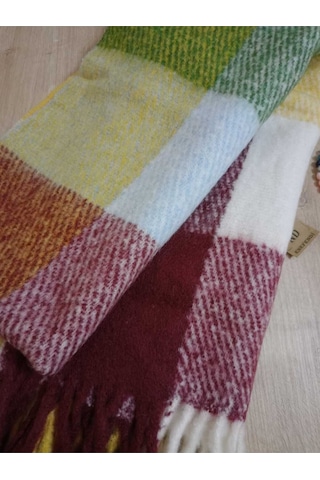 Enefendi Omuz Şalı - Atkı Renkli Kareli Bordoyeşilsarı Yumuşak, Çift Taraflı Pofidik Kışlık ,sıcak 45 X 185 Renkli