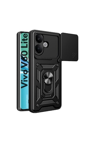Vivo V60 Lite Uyumlu Tank Kılıf Yüzüklü Standlı Extra Darbe Koruma Zırhlı Outdoor Kapak Siyah