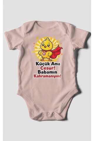 Morivokids Küçük Ama Cesur Babamın Kahramanıyım Kısa Kollu Bebek Body %100 Pamuk Pastel Pembe
