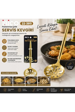 Kevgir Lüks Paslanmaz Çelik Dayanıklı Ergonomik Tasarım Şık Parlak Gold Metal Servis Kevgiri 27 Cm