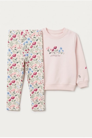 Minipomes 1-4 Yaş Kız Bebek Flover Garden Ribana Taytlı Sweat Takım Pembe