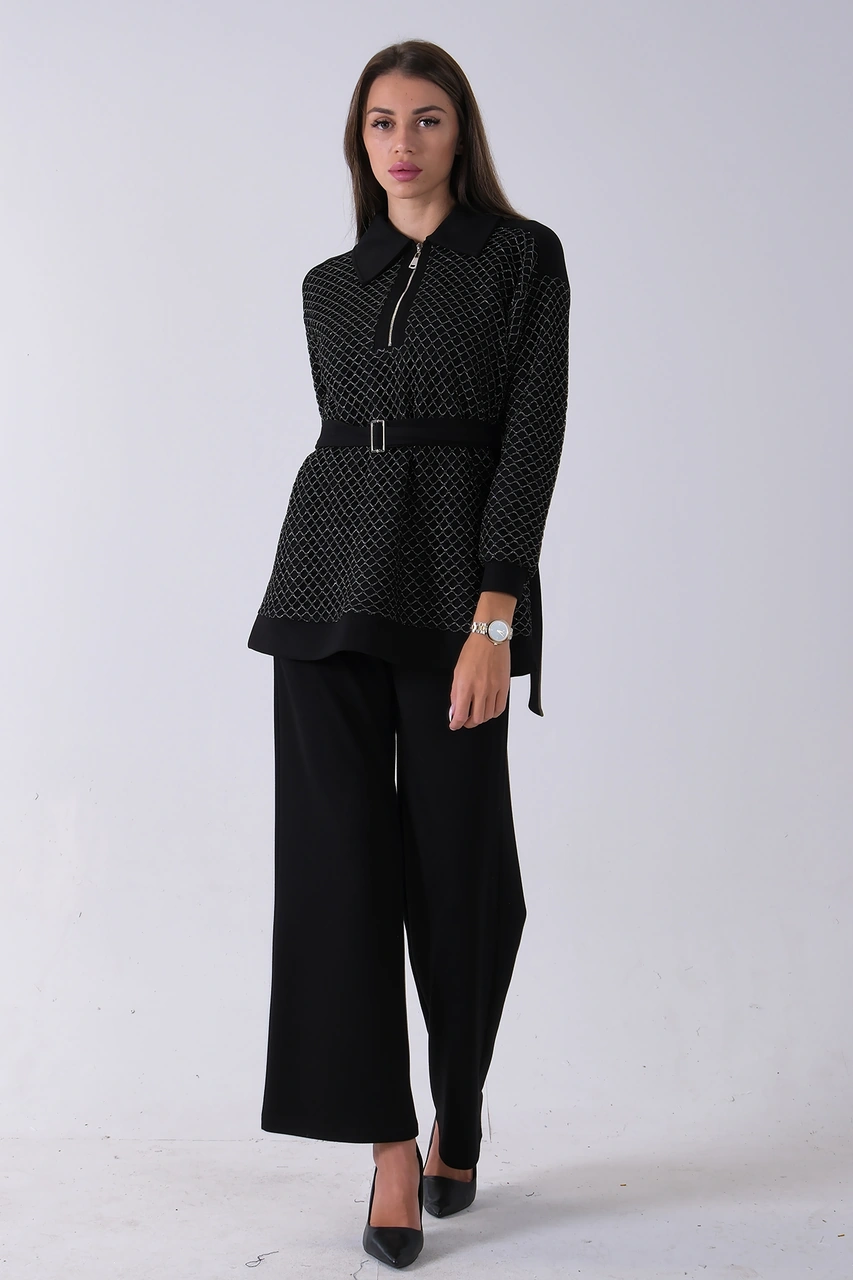 Feminist Siyah Tunik Yaka Fermuar Kapamalı File Detaylı Pantolonlu Takım 4577283.01 Siyah