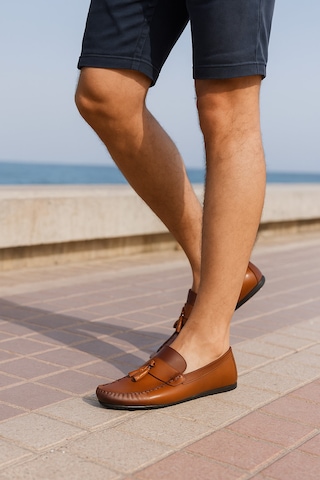 Growish Gr0175 Hakiki Yumuşak Deri Yanık Kahve Saraçlı Püsküllü Rok Erkek Loafer Babet Ayakkabı Koyu Kahverengi