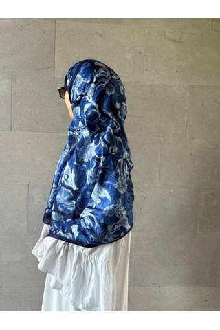 Qalortex Scarf Pamuklu Mimoza Desen Şal- Lacivert