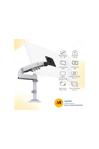 Lexroo North Bayou Nb H100 Ergonomic 17"-32" Amortisörlü 2-9 Kg Monitör Standı Beyaz