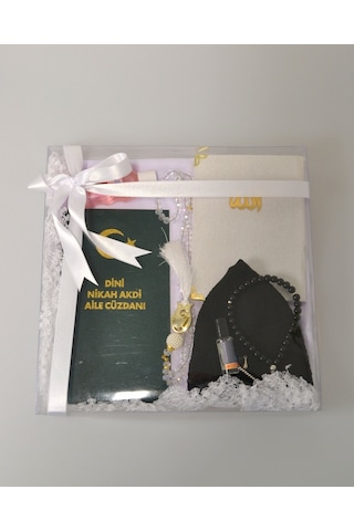 Dini Nikah Seti Kurdeleli Özel Kutu Dini Nikah Defteri, Kadife Yasin, Gelin Başörtüsü, Kristal Tesbih, Gül Suyu, Takke, Esans
