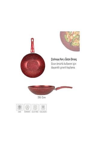 Bonetti Granit Kırmızı Wok Tava 28 Cm Yapışmaz Yüzey Kırmızı