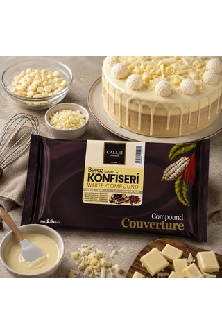 Callei Chocolate Beyaz Konfiseri Kokolin Blok 2,5 Kg Pasta, Tatlı Ve Dekor Kaplamaları İçin Yoğun Beyaz Kokolin