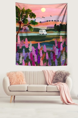 Gün Batımı Yolculuk Yoldaki Araba Leke Tutmaz Kumaş Duvar Örtüsü Duvar Halısı Tapestry Pntr003, 100 X 140