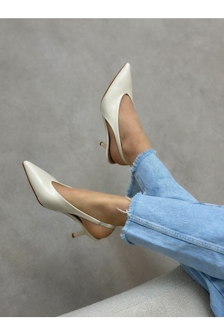 Ervanın Butiği Bej Parlak Deri Larry Lastik Detay Kadın Stiletto-6079 Bej Cilt