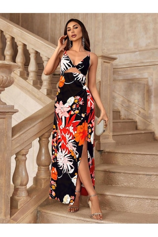 Fashion Cocktail Sırt Dekolteli Pencereli Zincir Askılı Çiçek Desenli Yırtmaçlı Uzun Saten Kokteyl Elbise Siyah Siyah