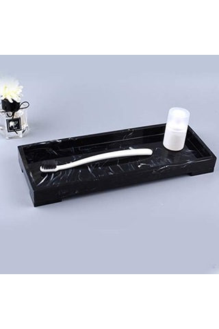 Vkemall Siyah Reçine Dekoratif Tabak - Banyo Dolabı Masaüstü Organizer - Anahtar Parfüm Bitki Tutucu Ev Dekoru Siyah